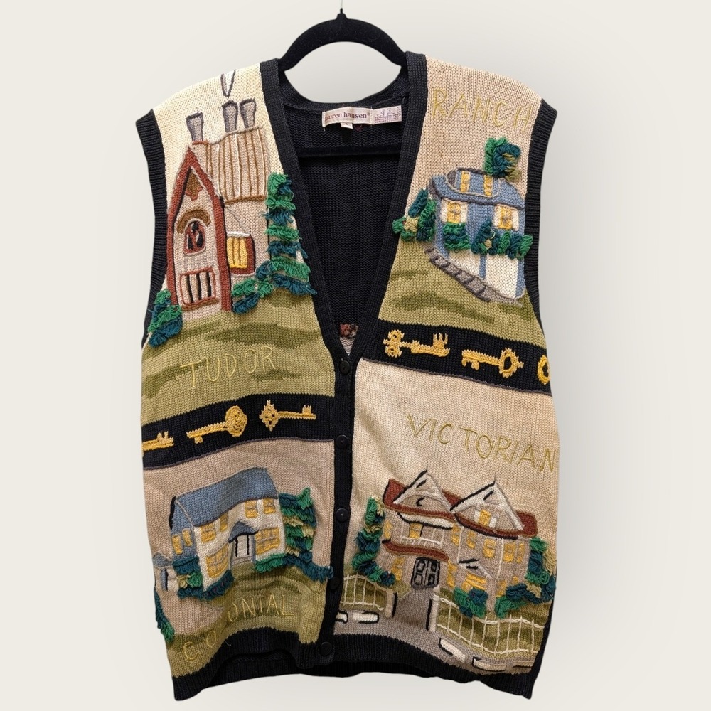 Lauren Hansen Vintage 90s House Embroidered Knit Vest Womens Small Grandmacore
